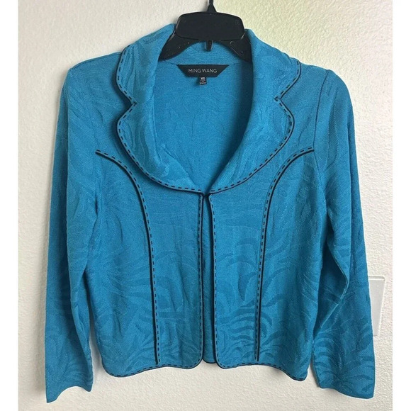 Ming Wang Women's Long Sleeve  Blue Collared Sweater Blazer Size XS Open Front - Picture 3 of 16